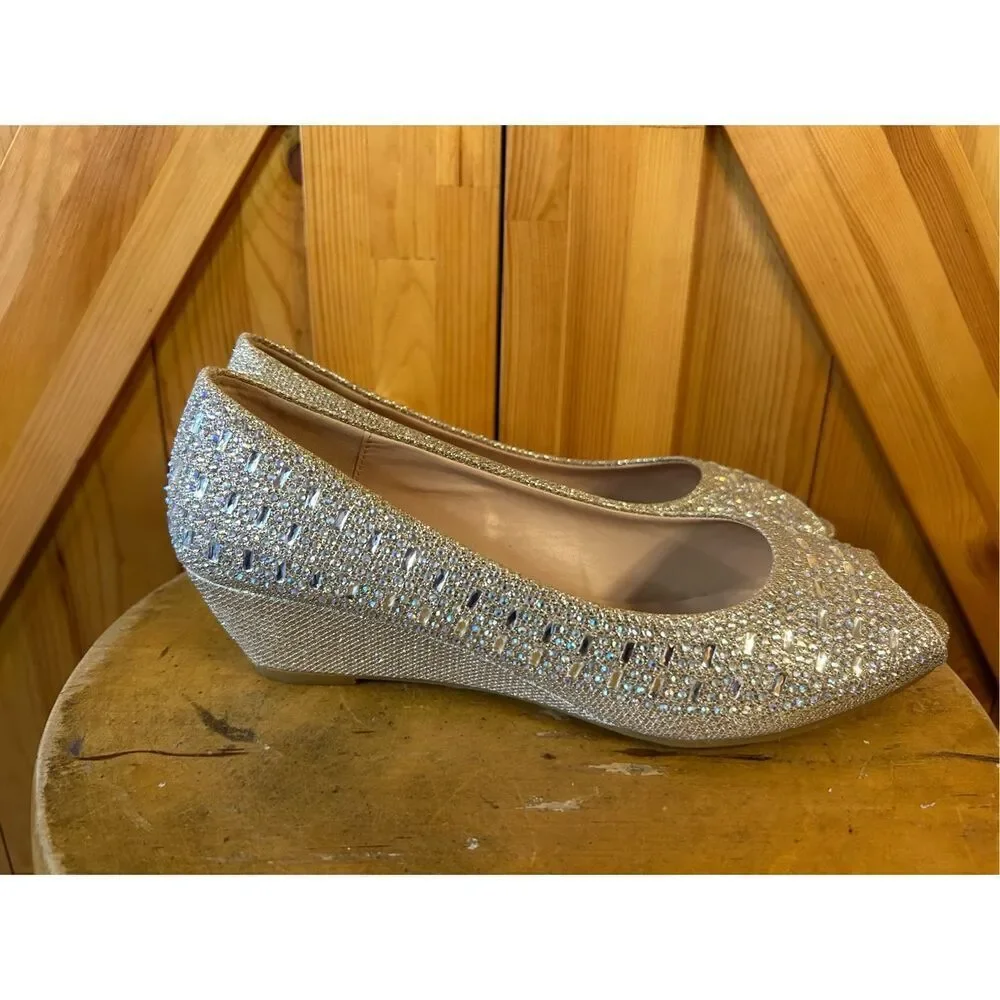 Forever Open Toe Champagne Rhinestone Embellished Pumps  Wedge Size 10
